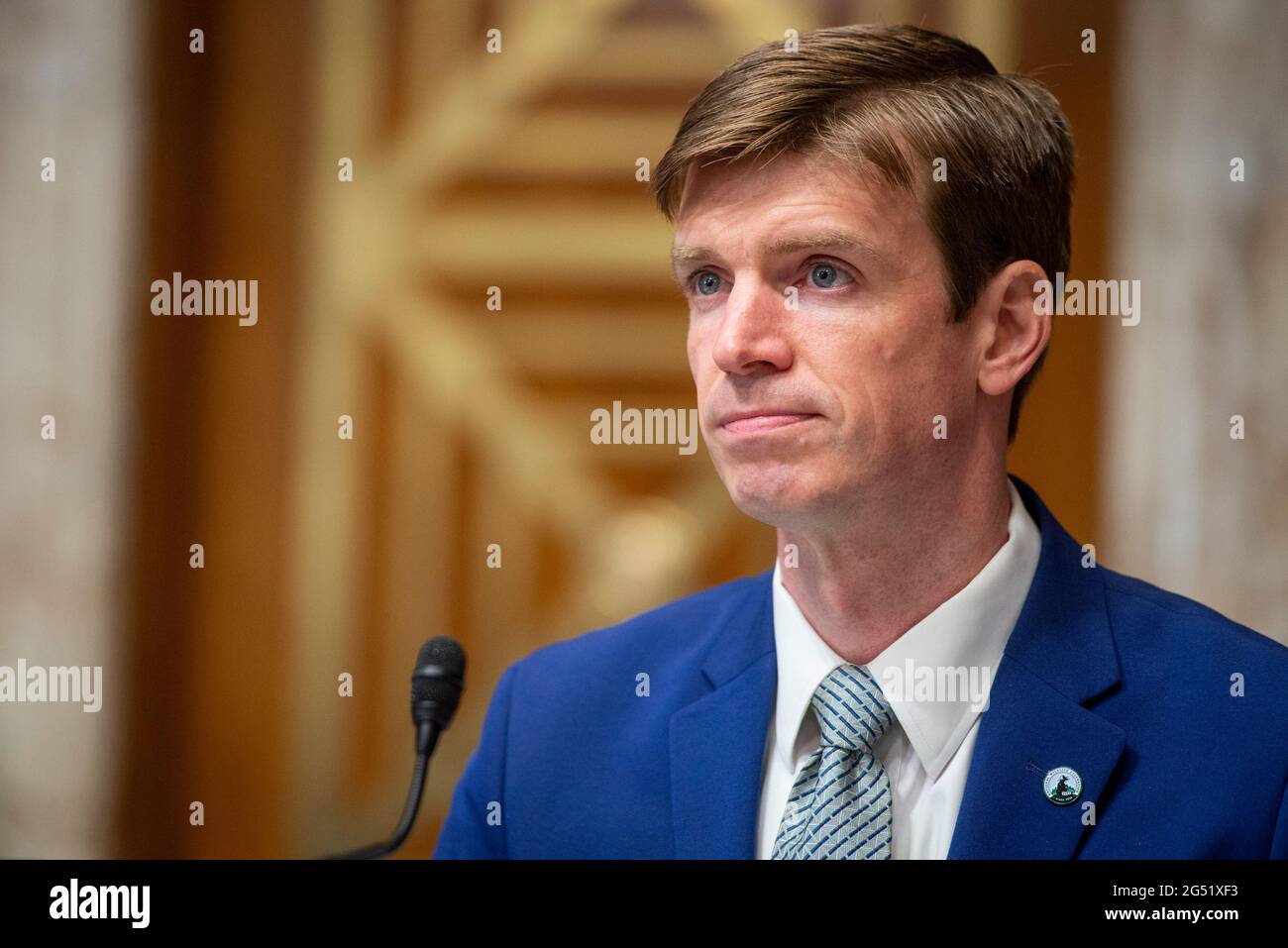 Collin O'Mara, President and CEO, The National Wildlife Federation, appears during a Senate Committee on Energy and Natural Resources hearing to examine the infrastructure needs of the U.S. energy sector, western water, and public lands, including an original bill to invest in the energy and outdoor infrastructure of the United States to deploy new and innovative technologies, update existing infrastructure to be reliable and resilient, and secure energy infrastructure against physical and cyber threats, in the Dirksen Senate Office Building in Washington, DC, Thursday, June 24, 2021. Credit: Stock Photo