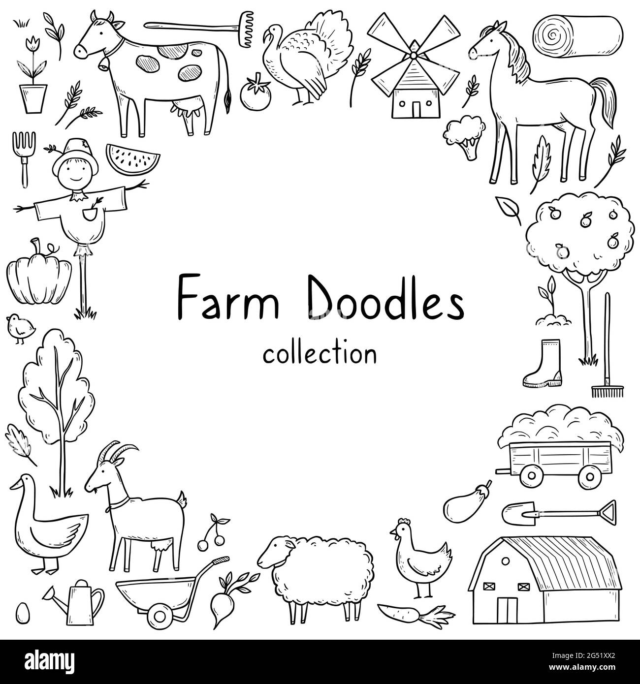 Hand drawn frame with farm animal, horse, cow, farmer food element ...