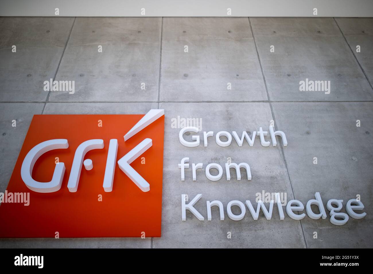 Nuremberg, Germany. 24th June, 2021. The logo of the Nuremberg-based consumer research company GfK at the company's headquarters. GfK publishes its latest study on consumer sentiment in Germany on June 25. Credit: Daniel Karmann/dpa/Alamy Live News Stock Photo