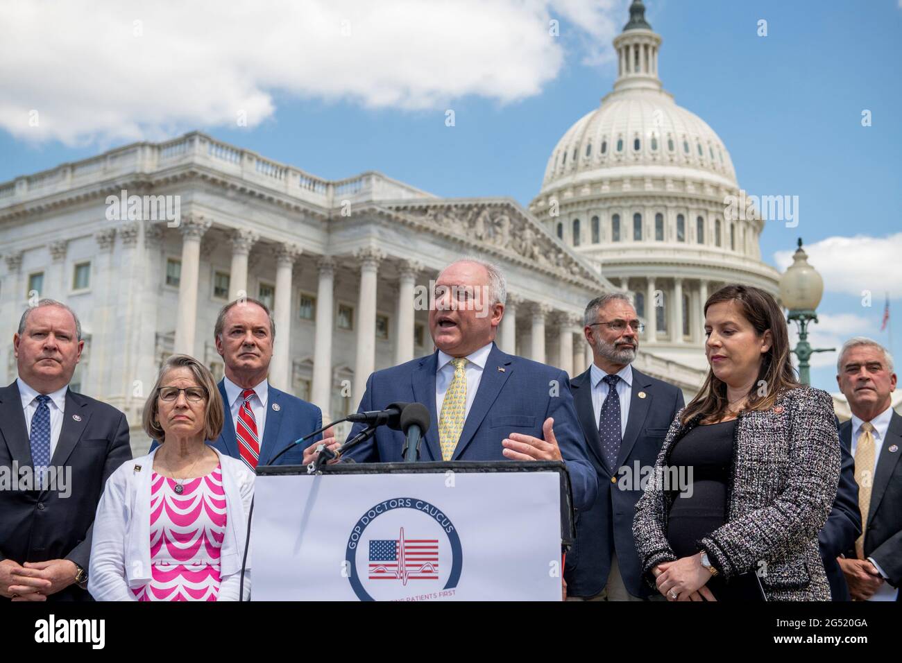 United States House Minority Whip Steve Scalise (Republican of Louisiana) offers remarks during a press conference on the origins of the COVID-19 pandemic, outside the the US Capitol in Washington, DC, Thursday, June 24, 2021. Credit: Rod Lamkey/CNP /MediaPunch Stock Photo