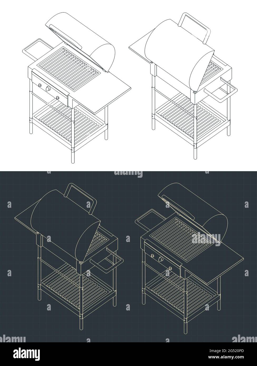 Stylized vector illustration of isometric drawings of grill and ...