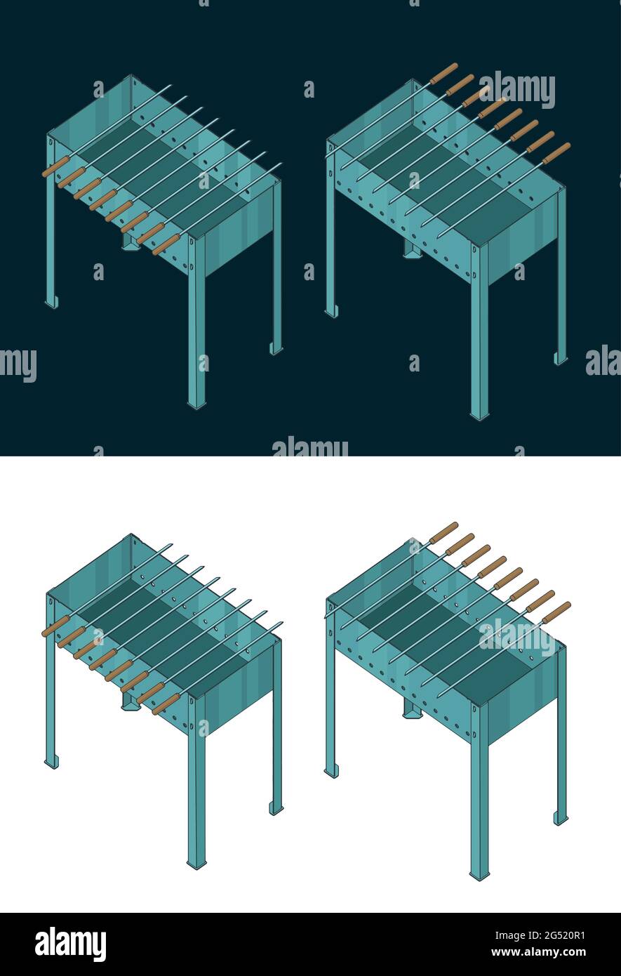 Stylized vector illustration of isometric drawings of grill and ...