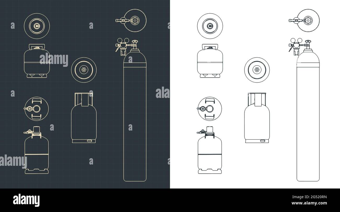Stylized vector illustration of blueprints set of gas cylinders Stock