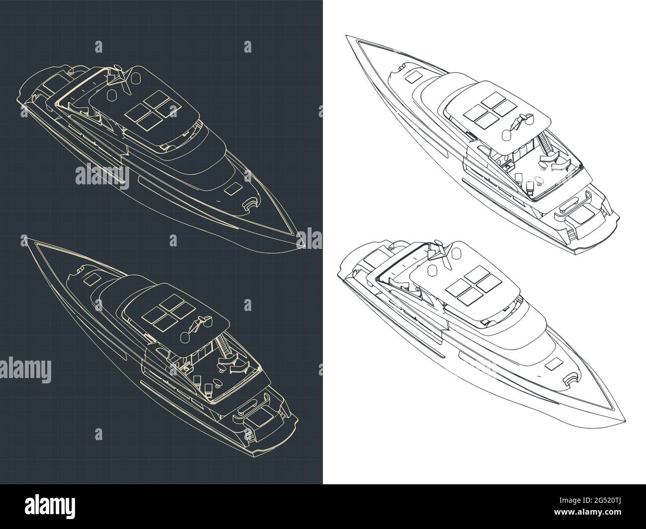 Stylized vector illustration of isometric blueprints of a luxury yacht ...