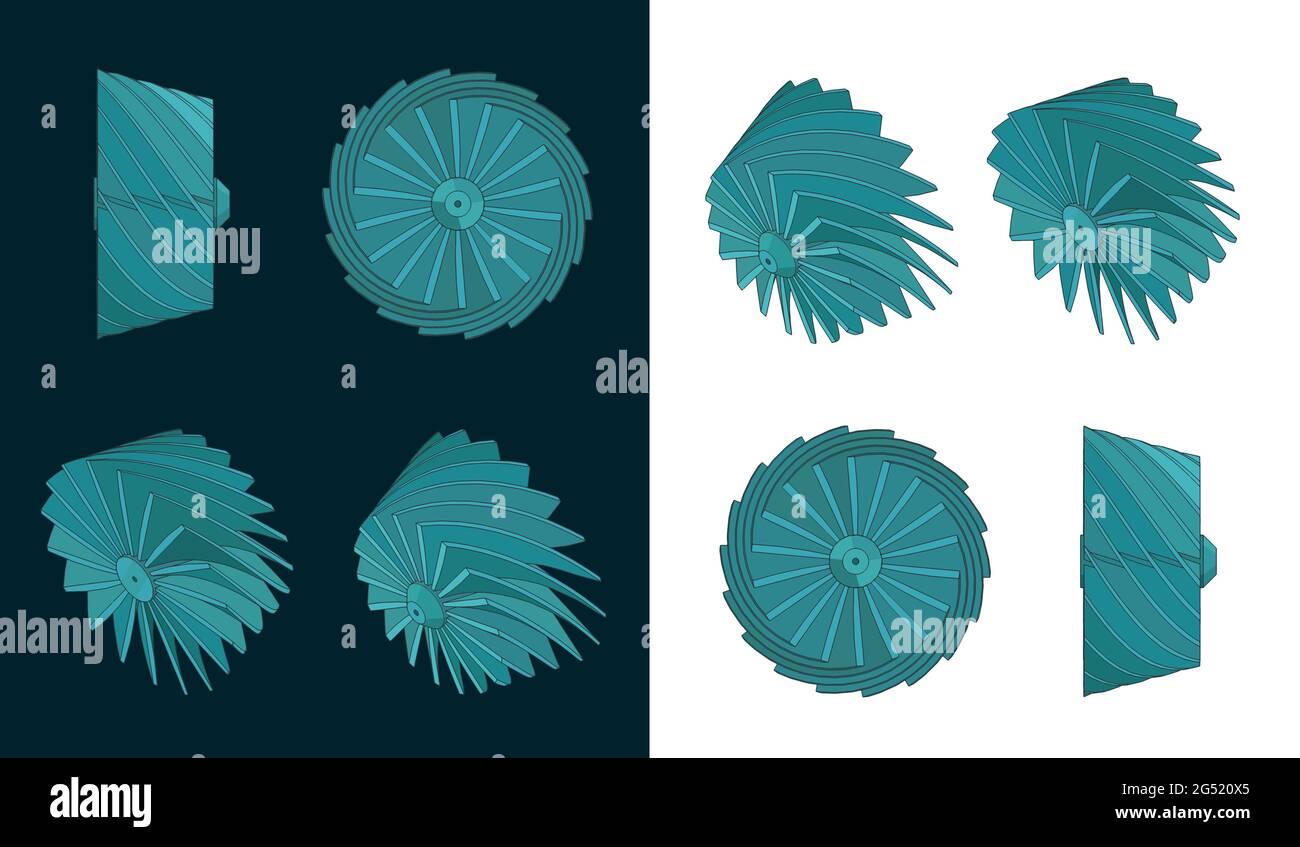 Stylized vector illustration of colorful blueprints of turbine impeller Stock Vector