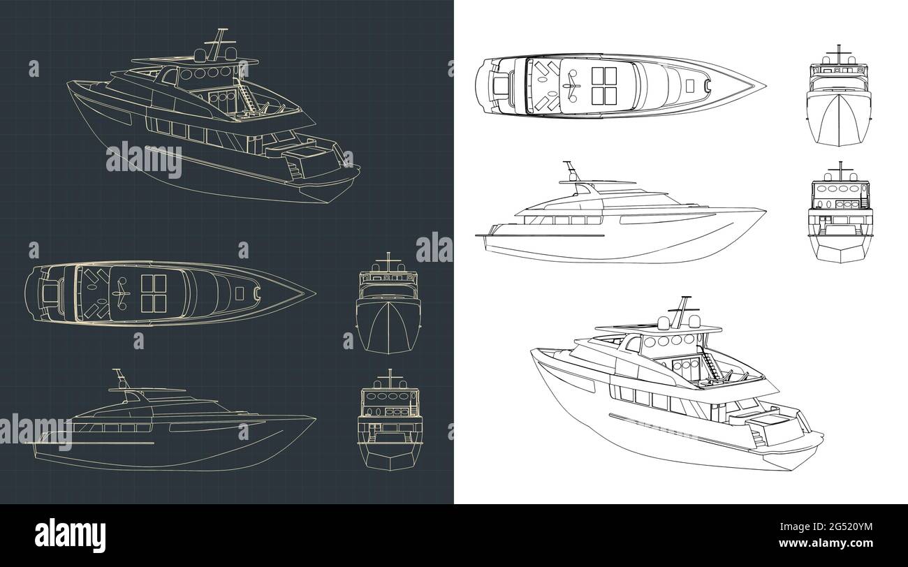 Stylized vector illustration of blueprints of a luxury yacht Stock ...