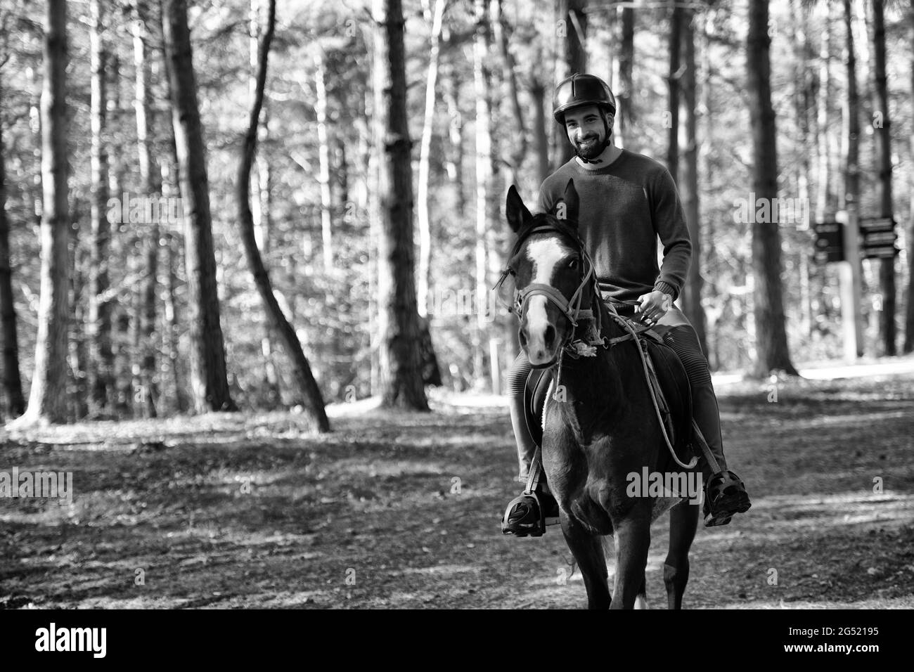 Young Man Rider With Her Horse Enjoying Good Mood in Evening Sunset Light Stock Photo