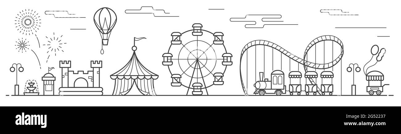 Panorama of an amusement park with a ferris wheel, circus, rides, balloon, bouncy castle. Landscape of urban park. Contour line art vector illustratio Stock Vector