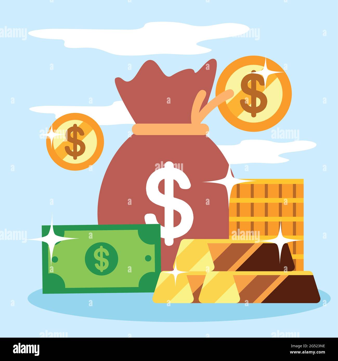 Money bag with bill gold bars and coins Stock Vector Image & Art - Alamy