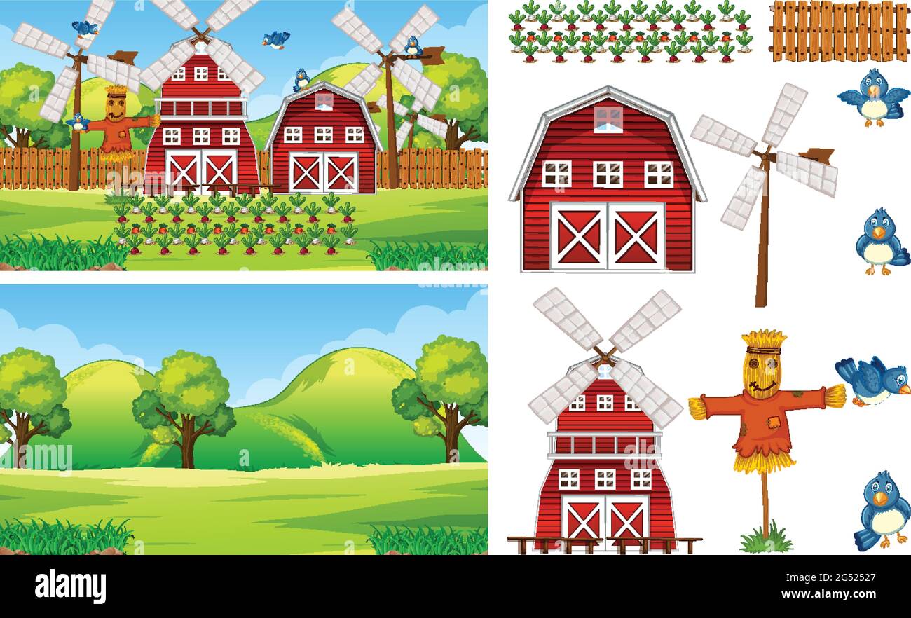 Farm element set isolated with farm scence illustration Stock Vector ...