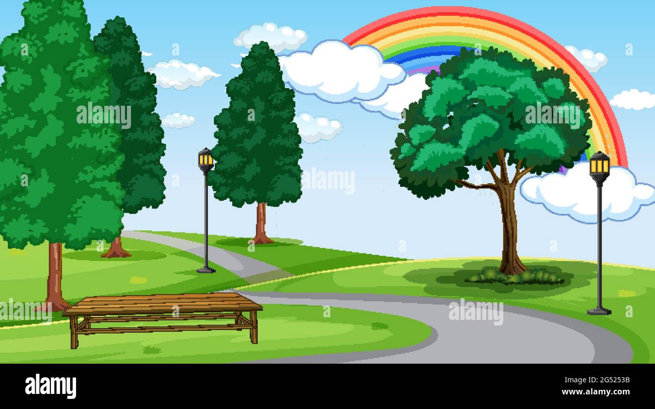 Park landscape scene with rainbow in the sky illustration Stock Vector ...