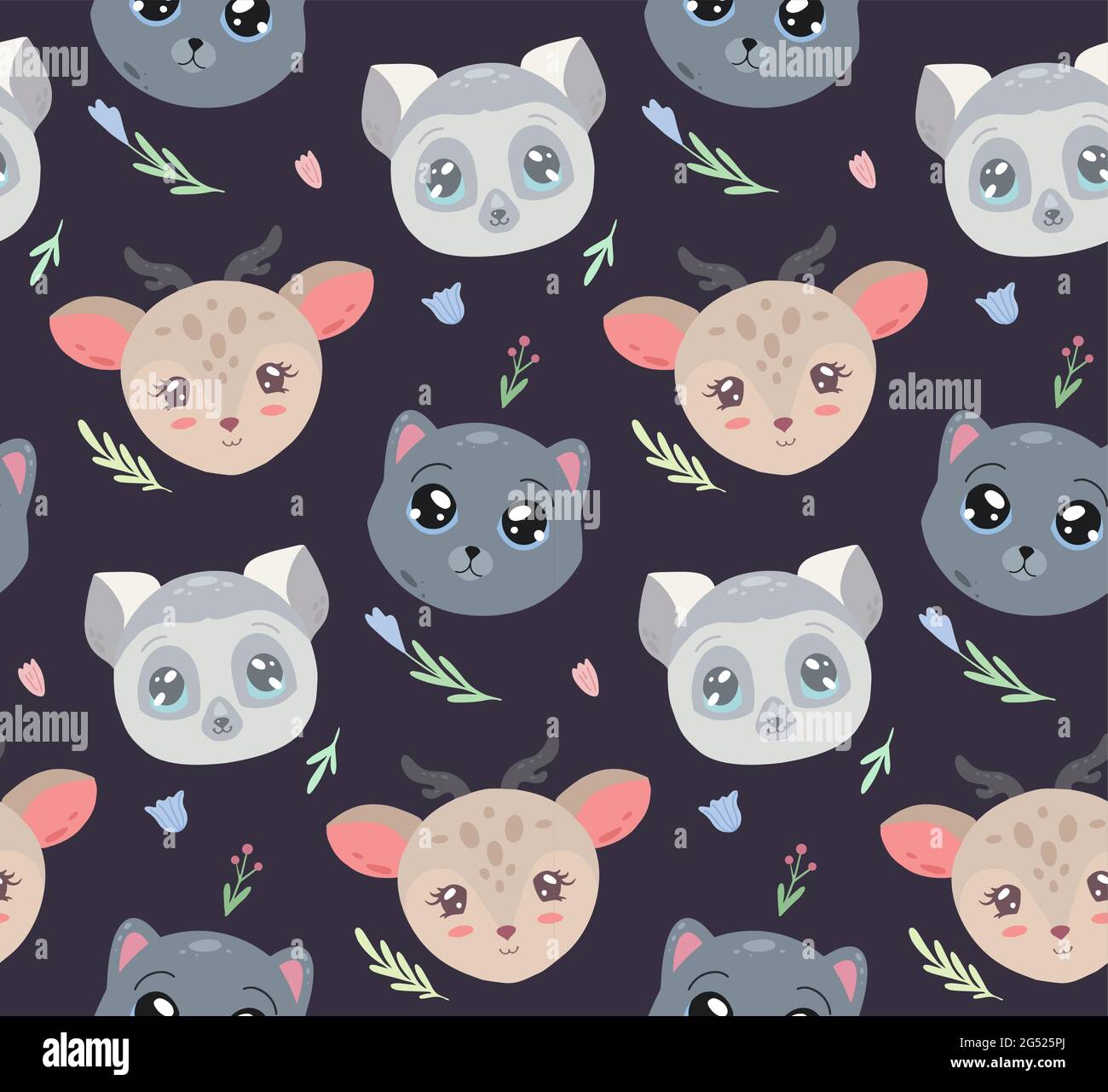 Cute childish pattern with heads of animal and flowers on dark background. Vector texture with lemur, cat and deer with floral pattern. Cartoon animal Stock Vector