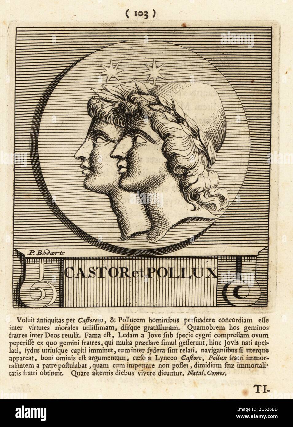 Castor and Pollux, twin half-brothers in Roman mythology, Polydeukes in Greek myth, known together as the Dioscuri. Copperplate engraving by Pieter Bodart (1676-1712) from Henricus Spoor’s Deorum et Heroum, Virorum et Mulierum Illustrium Imagines Antiquae Illustatae, Gods and Heroes, Men and Women, Illustrated with Antique Images, Petrum, Amsterdam, 1715. First published as Favissæ utriusque antiquitatis tam Romanæ quam Græcæ in 1707. Henricus Spoor was a Dutch physician, classical scholar, poet and writer, fl. 1694-1716. Stock Photo