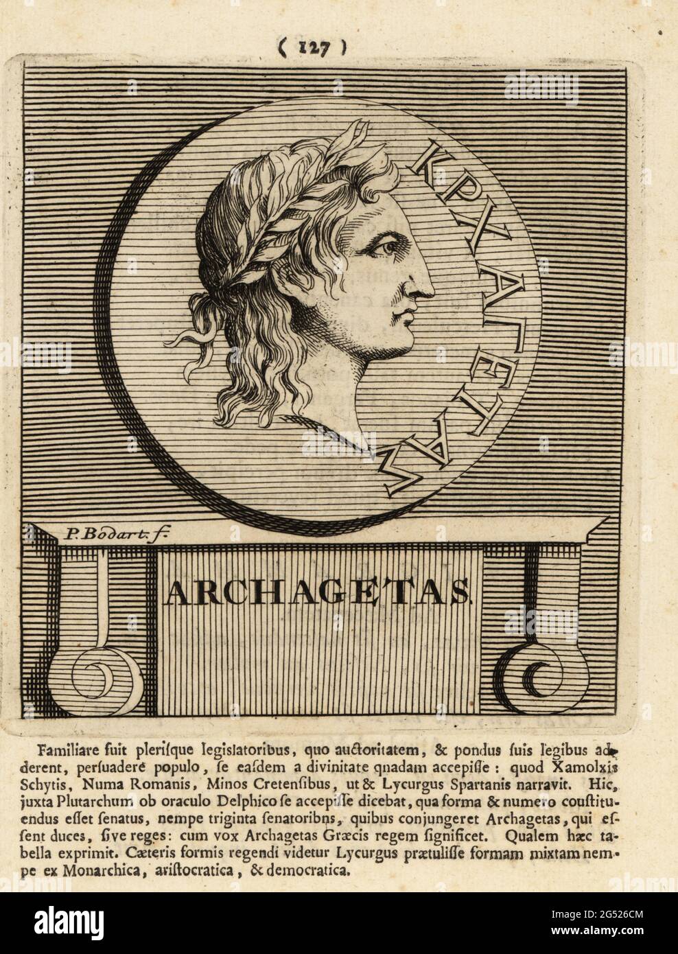 Apollo Archegetes in laurel wreath. An epithet of the Greek god Apollo, god of oracles, healing, archery, music and arts, sunlight, and knowledge, worshipped in several locations including Naxos, Sicily. Archagetas. Copperplate engraving by Pieter Bodart (1676-1712) from Henricus Spoor’s Deorum et Heroum, Virorum et Mulierum Illustrium Imagines Antiquae Illustatae, Gods and Heroes, Men and Women, Illustrated with Antique Images, Petrum, Amsterdam, 1715. First published as Favissæ utriusque antiquitatis tam Romanæ quam Græcæ in 1707. Henricus Spoor was a Dutch physician, classical scholar, poet Stock Photo
