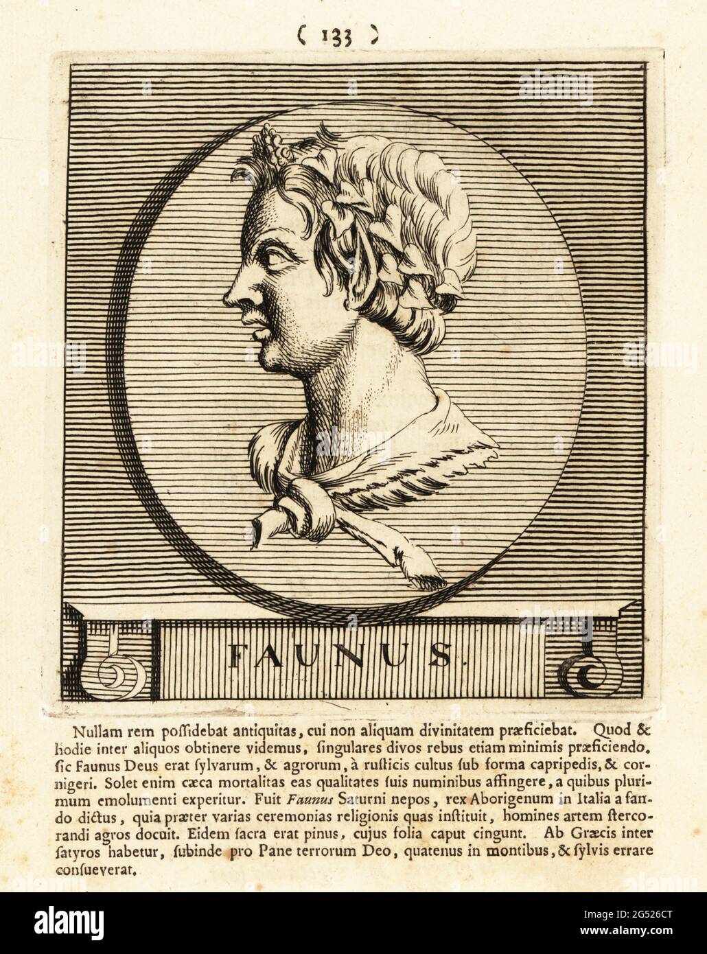 Faunus, Roman god of the forest, plains and fields. When he made cattle fertile, he was called Inuus. Equated with the Greek god Pan. Copperplate engraving by Pieter Bodart (1676-1712) from Henricus Spoor’s Deorum et Heroum, Virorum et Mulierum Illustrium Imagines Antiquae Illustatae, Gods and Heroes, Men and Women, Illustrated with Antique Images, Petrum, Amsterdam, 1715. First published as Favissæ utriusque antiquitatis tam Romanæ quam Græcæ in 1707. Henricus Spoor was a Dutch physician, classical scholar, poet and writer, fl. 1694-1716. Stock Photo