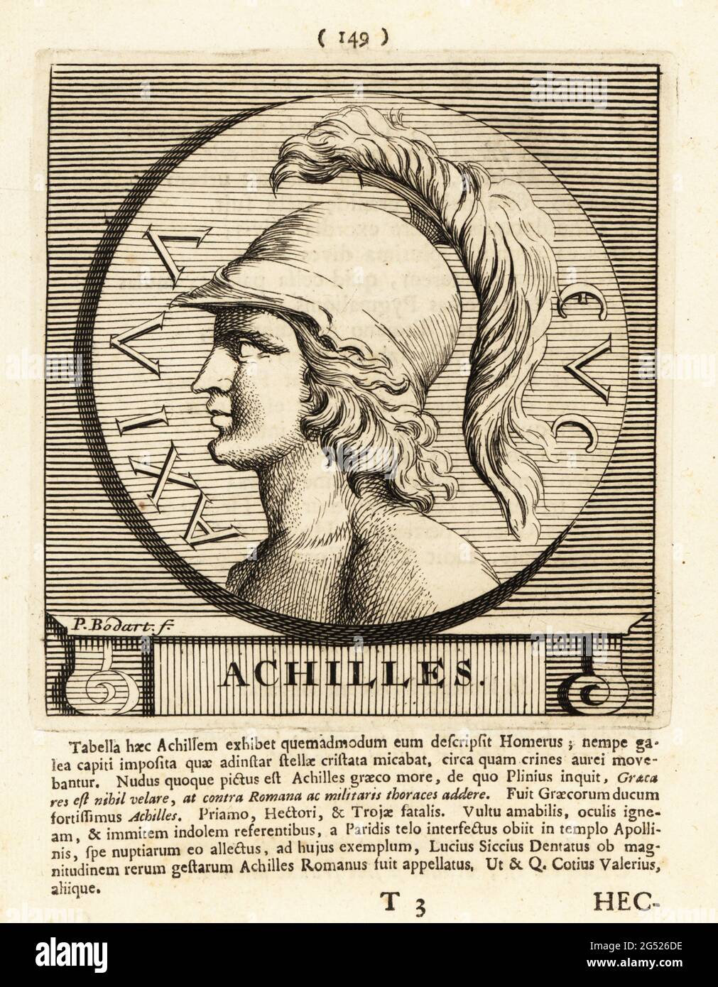 Achilles, Son of Peleus and the Nereid Thetis, bravest of all the Greek warriors at Troy, and central character of Homer's Iliad. Copperplate engraving by Pieter Bodart (1676-1712) from Henricus Spoor’s Deorum et Heroum, Virorum et Mulierum Illustrium Imagines Antiquae Illustatae, Gods and Heroes, Men and Women, Illustrated with Antique Images, Petrum, Amsterdam, 1715. First published as Favissæ utriusque antiquitatis tam Romanæ quam Græcæ in 1707. Henricus Spoor was a Dutch physician, classical scholar, poet and writer, fl. 1694-1716. Stock Photo