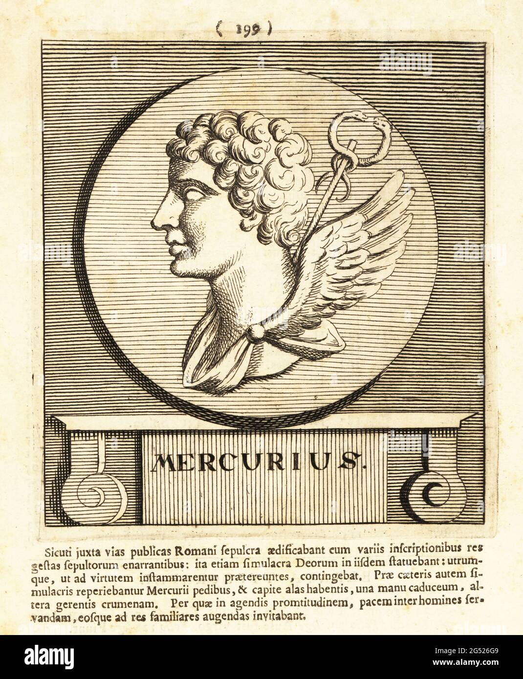 Mercury, Roman god of financial gain, commerce, eloquence, messages, communication, luck, trickery and thieves. In winged robe with caduceus staff with entwined serpents. Hermes in Greek mythology. Mercurius. Copperplate engraving by Pieter Bodart (1676-1712) from Henricus Spoor’s Deorum et Heroum, Virorum et Mulierum Illustrium Imagines Antiquae Illustatae, Gods and Heroes, Men and Women, Illustrated with Antique Images, Petrum, Amsterdam, 1715. First published as Favissæ utriusque antiquitatis tam Romanæ quam Græcæ in 1707. Henricus Spoor was a Dutch physician, classical scholar, poet and wr Stock Photo