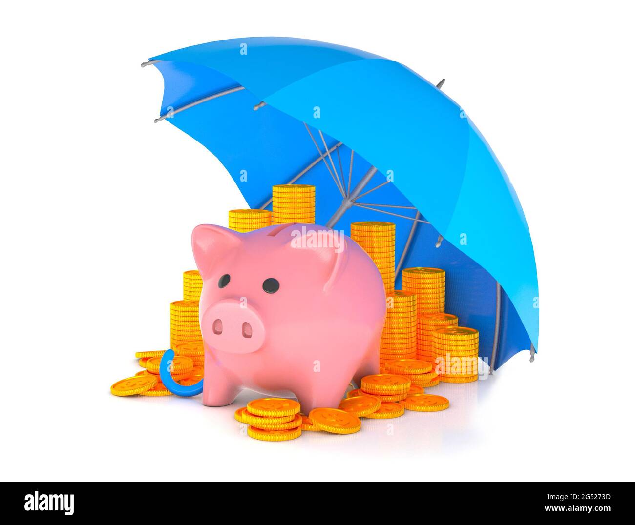 Pink piggy bank with coins under a blue umbrella on an isolated white ...