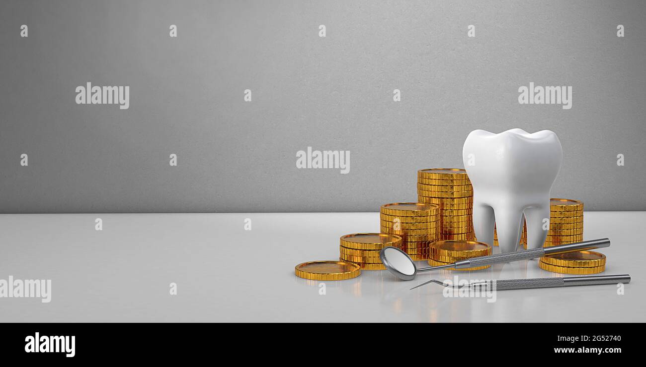 Gold coins money and a tooth with a dental mirror. Expensive dental treatment. Dental insurance. Copy space for text. 3d render. Stock Photo
