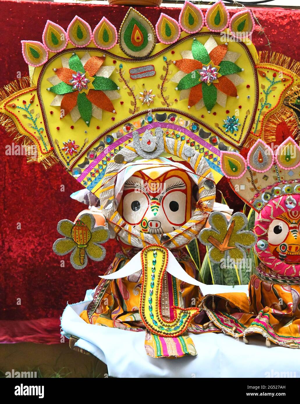 Beawar, Rajasthan, India, June 24, 2021: Decorative idol of God Balbhadra, brother of Lord Jagannath during holy festival Snan Yatra or a bathing ceremony on Jyeshtha Purnima (full moon day) at a temple in Beawar. Lord Jagannath rath yatra will be held on July 12. Nine-day annual festival Rath Yatra or chariot festival conducted every year for past 143 years but last year yatra was not allowed due to covid-19 restriction. This year as well, strict covid safety rules have been announced. Every year, hundreds of devotees participate and seek blessings. Credit: Sumit Saraswat/Alamy Live News Stock Photo