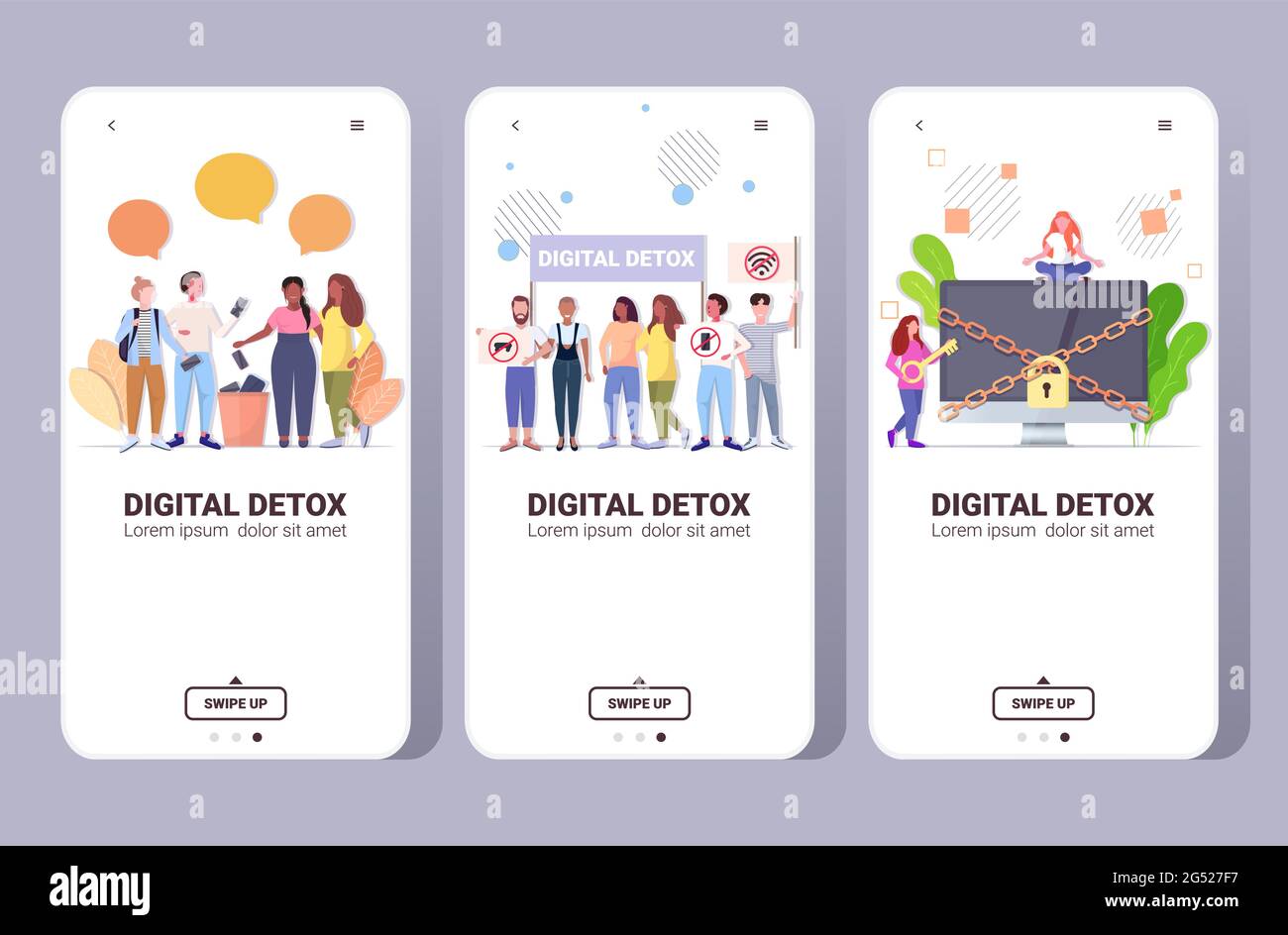 set people spending time without devices digital detox concept women ...