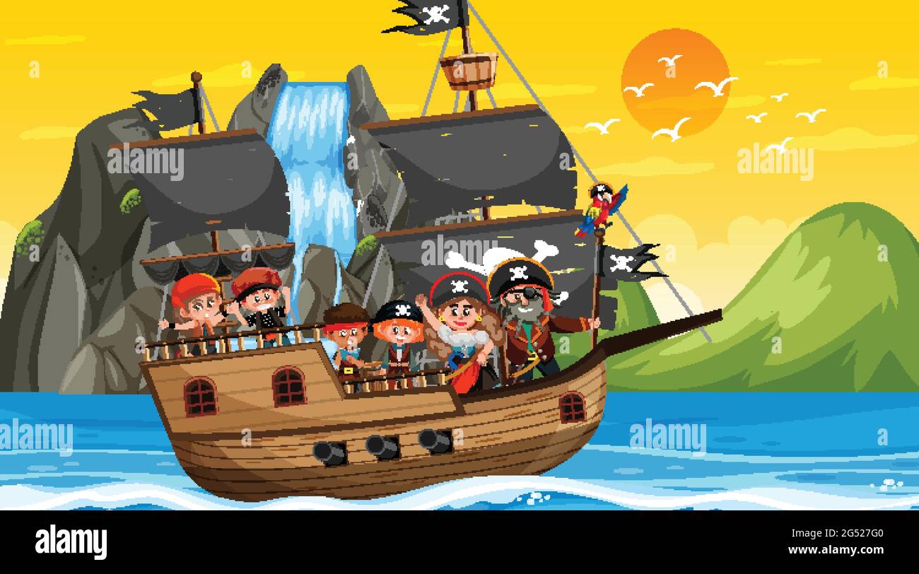 Ocean scene at sunset time with Pirate kids on the ship illustration Stock ...