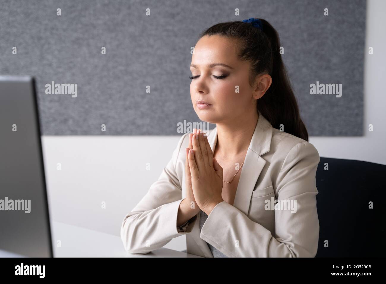 Pondering Thinking Contemplative Woman. Religious Female Prayer Stock Photo