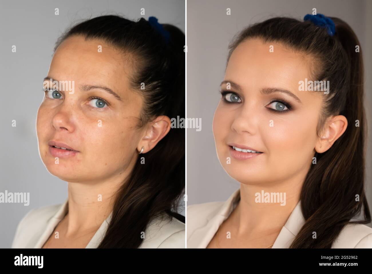 Woman Face Skin Make Up. Comparing Before And After Stock Photo