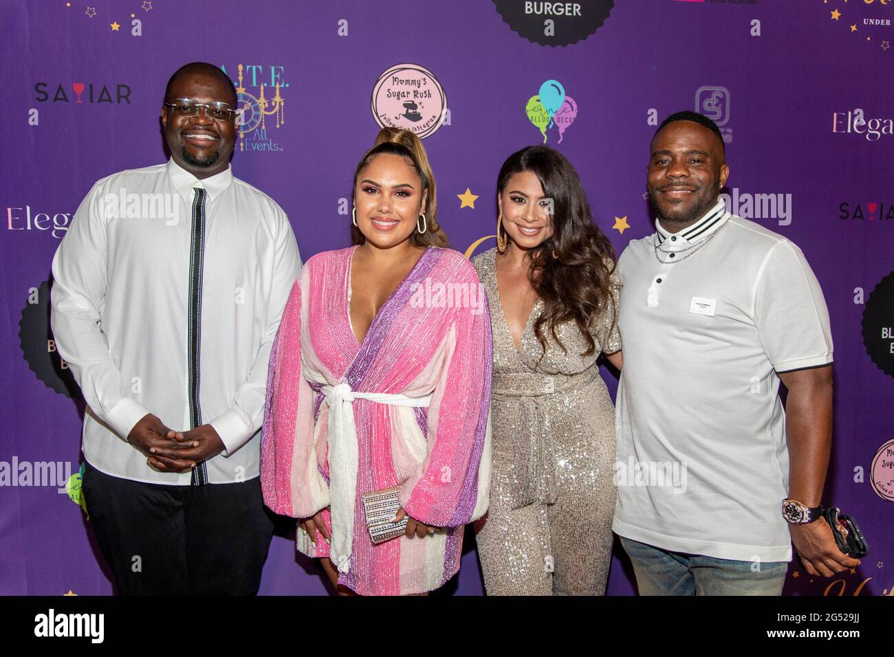 Los Angeles, USA. 24th June, 2021. PooBear, Kristinia DeBarge, Loureen Ayyoub, Adonis attend PooBear, Shndo and Loureen Ayyoub Music Video Premiere “Home of The Brave” at Black Star Burger, Los Angeles, CA on June 24, 2021 Credit: Eugene Powers/Alamy Live News Stock Photo