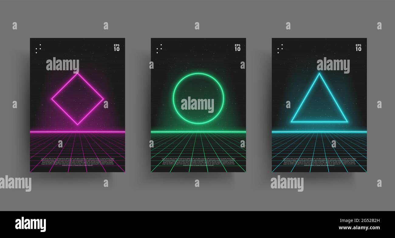 Synthwave poster set. Glowing geometry shapes with laser perspective grid in starry space. Vivid layouts for retrowave electronic music events. Design Stock Vector