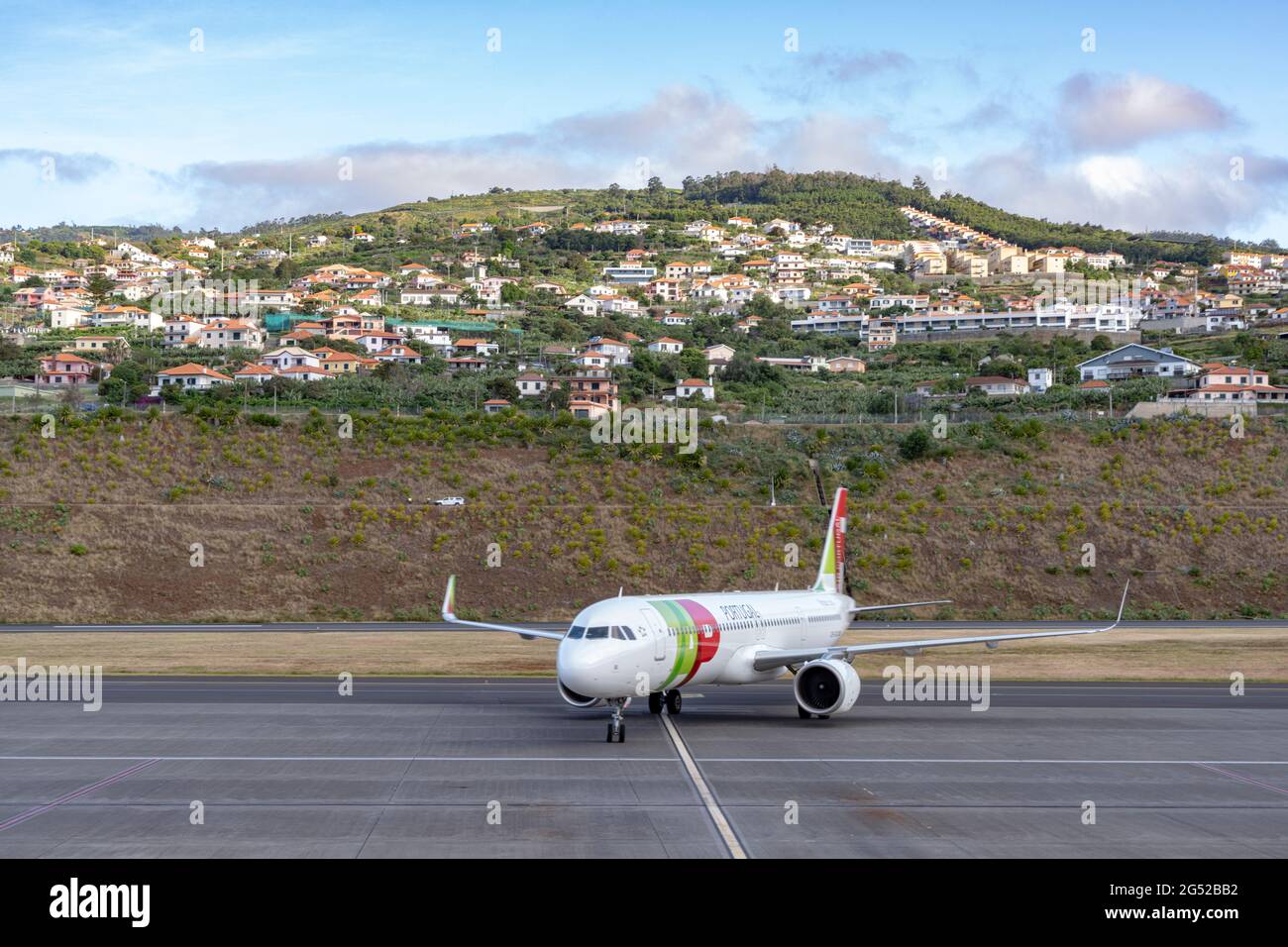 Passenger airplane ready to take off, Cristiano Ronaldo international airport, Funchal, Madeira island, Portugal Stock Photo