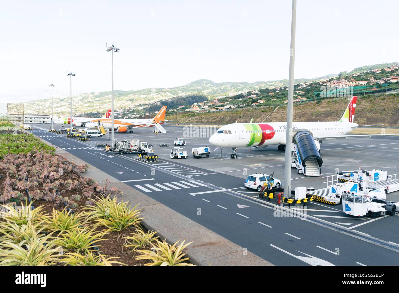Passenger aircrafts at Cristiano Ronaldo international airport, Funchal, Madeira island, Portugal Stock Photo