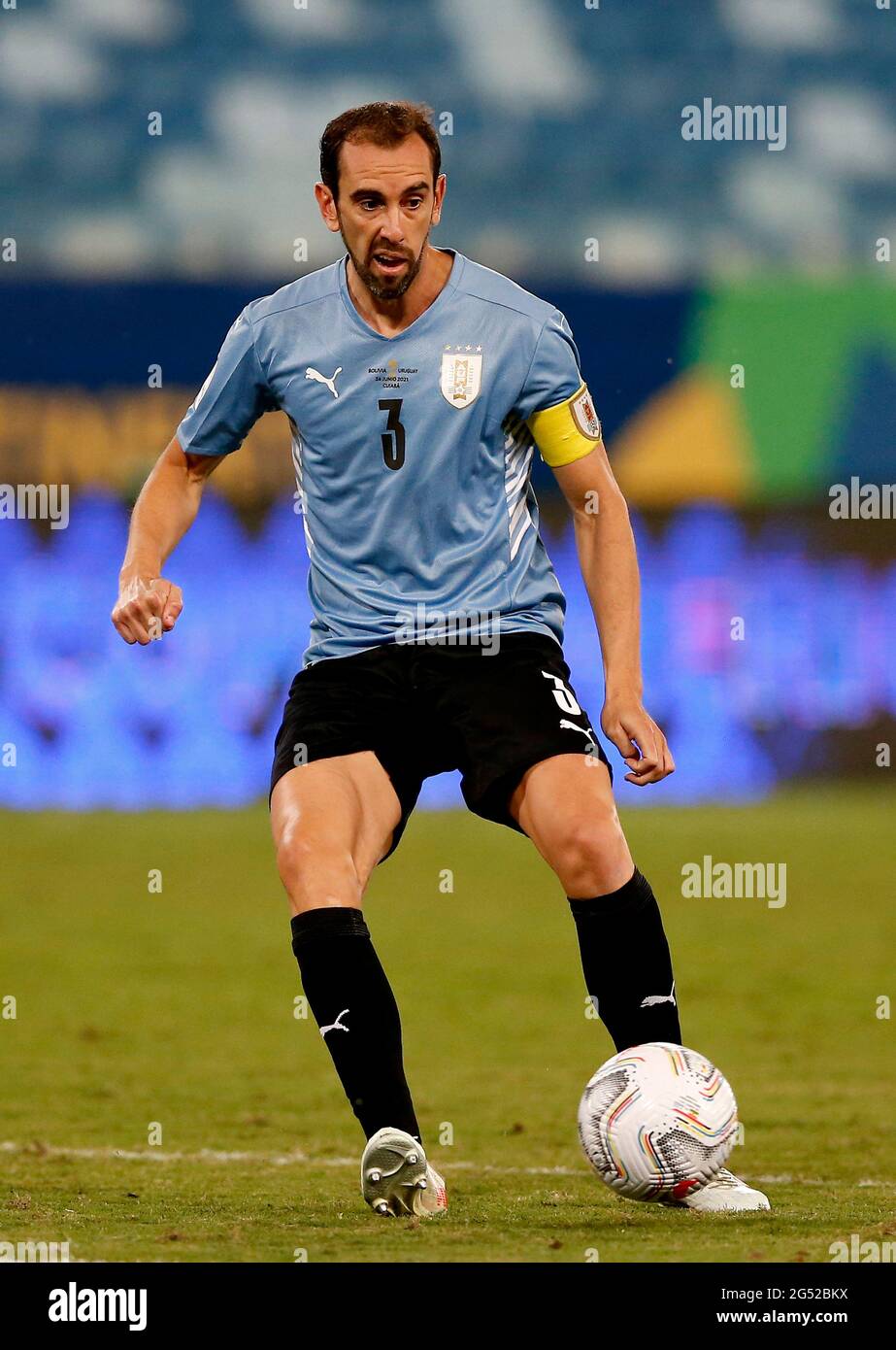 CUIABA, BRAZIL - JUNE 24: Diego Godin of Uruguay in action ,during the match between Bolivia and Uruguay as part of Conmebol Copa America Brazil 2021 at Arena Pantanal on June 24, 2021 in Cuiaba, Brazil. (MB Media) Stock Photo