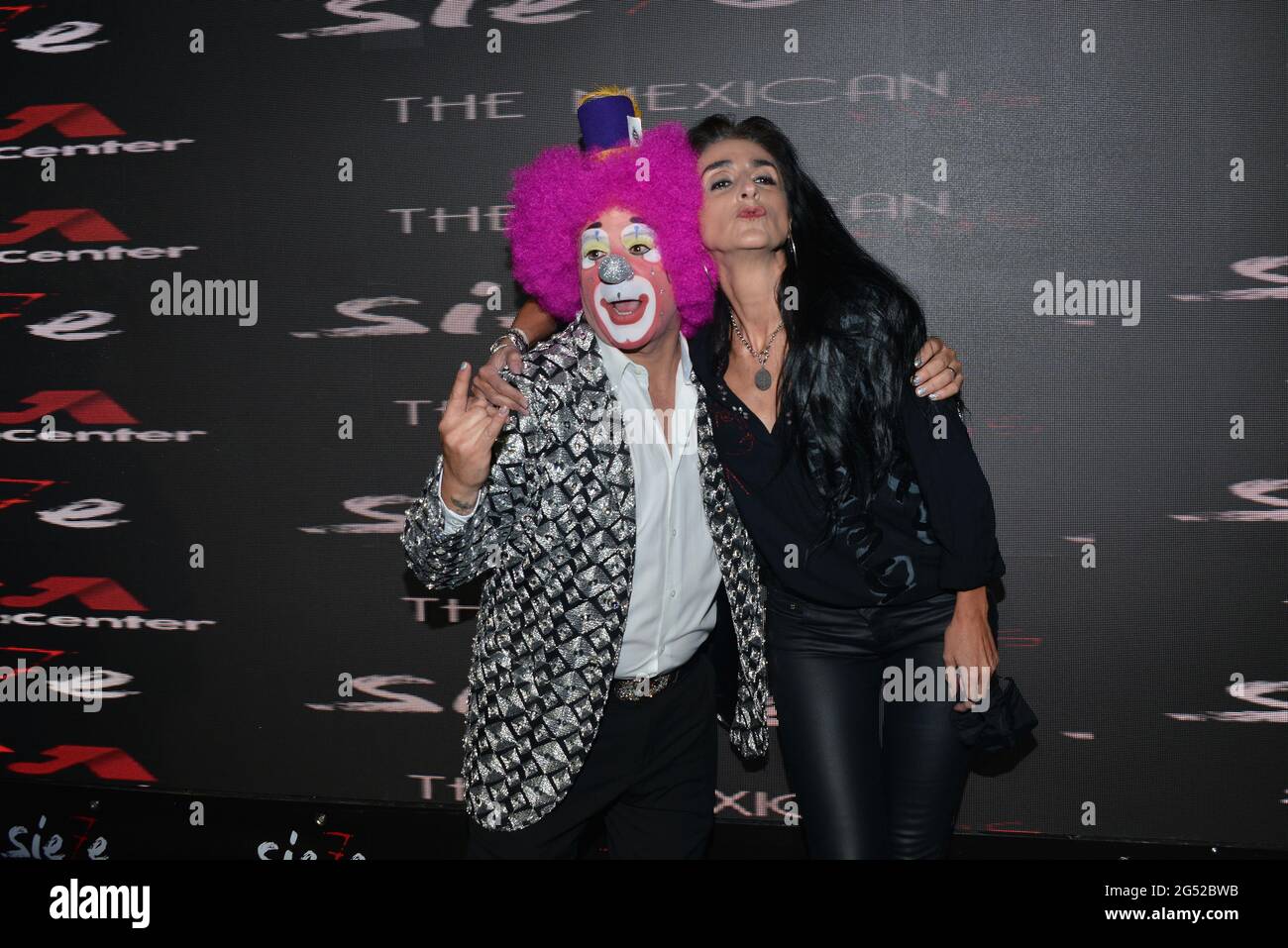 Mexico City, Mexico. 24th June, 2021. Mexico City, Mexico, June 24, 2021. Actress Barbara Torres and Sergio Verduzco ‘Platanito' pose for photos during the black carpet of the musical Siete at Pepsi Center . Credit: Carlos Tischler/Eyepix Group/Alamy Live News Credit: Eyepix Group/Alamy Live News Stock Photo