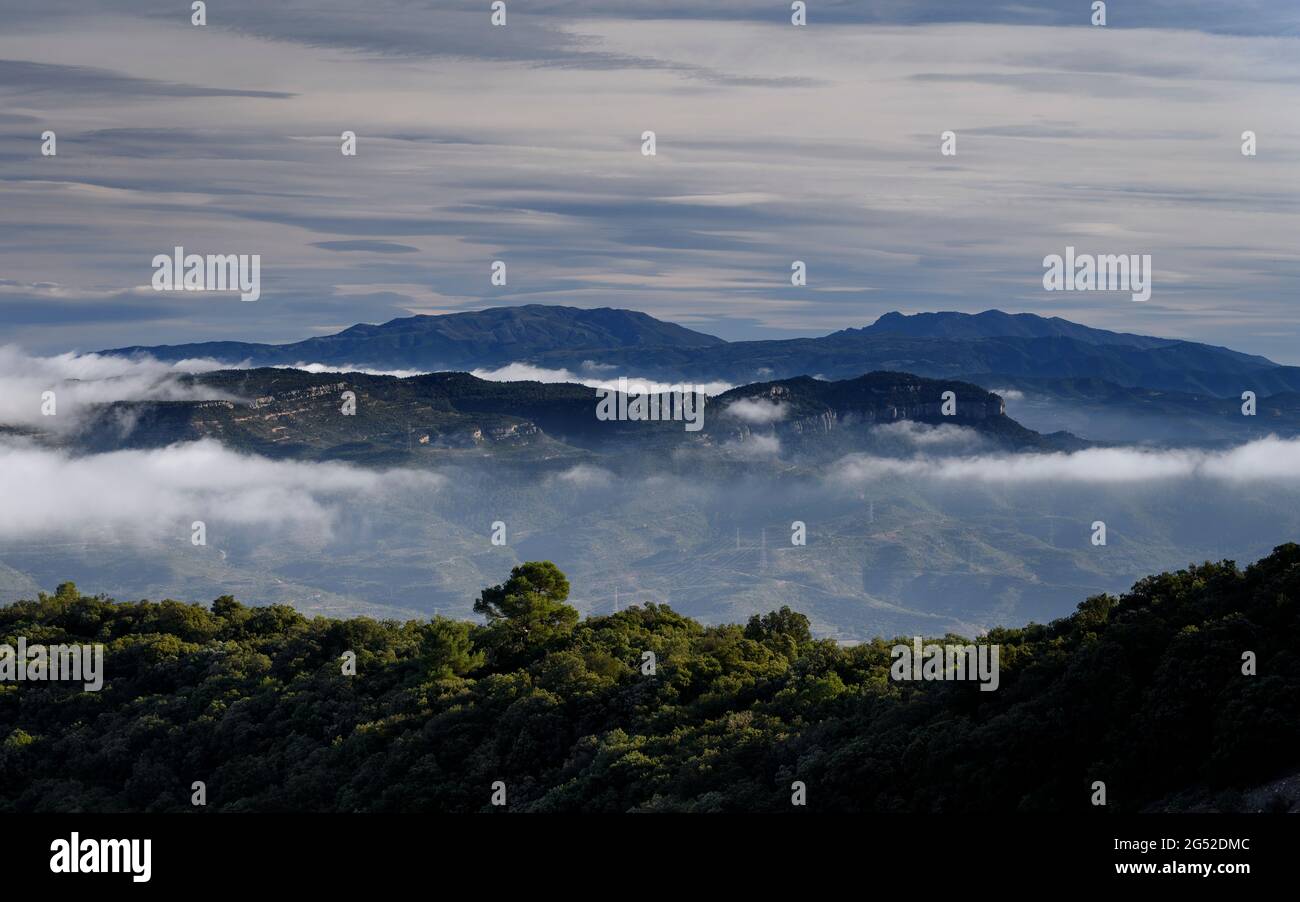 Views of the Catalan Pre-Coastal Range (Matagalls, Montseny and Cingles de Bertí) from Sant Llorenç del Munt (Catalonia, Spain) Stock Photo