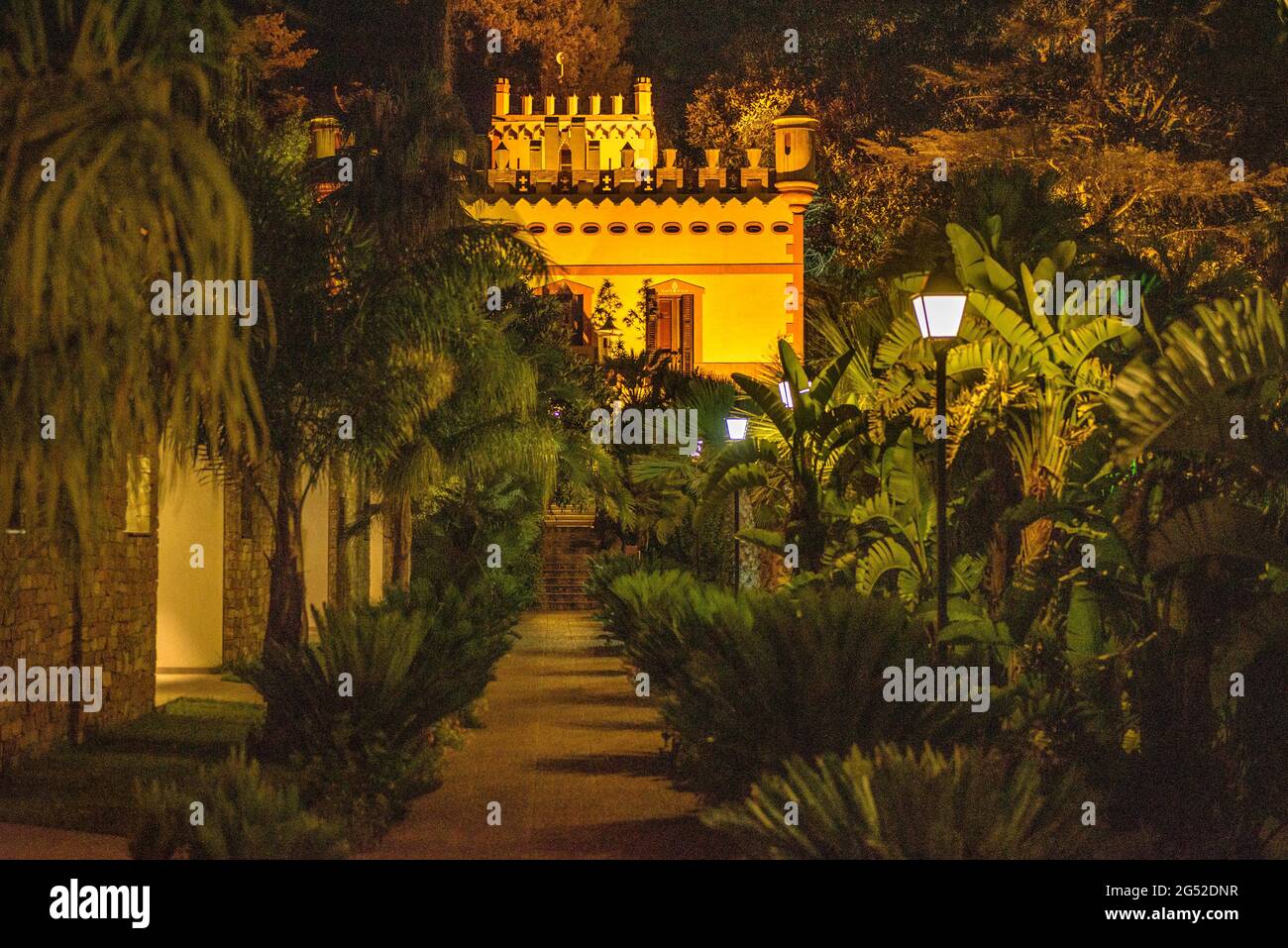 Villa Retiro hotel restaurant at night, in Xerta (Tarragona, Catalonia, Spain) ESP El hotel