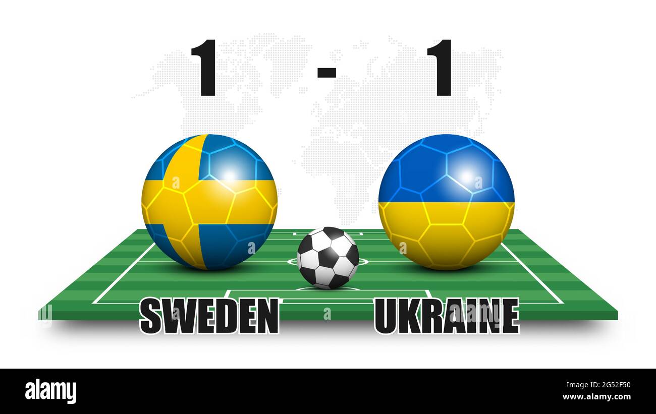 Sweden vs Ukraine . Soccer ball with national flag pattern on perspective football field . Dotted world map background . Football match result and sco Stock Vector