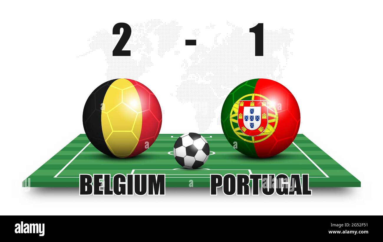 Belgium vs Portugal . Soccer ball with national flag pattern on perspective football field . Dots world map background . Football match result and sco Stock Vector