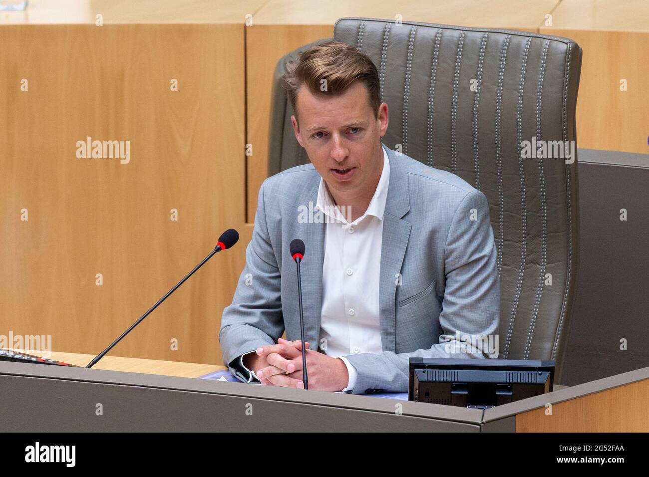 Vooruit's Hannes Anaf pictured during the installation of a reserach commission on the PFAS - PFOS pollutions, in the Flemish Parliament in Brussels, Stock Photo