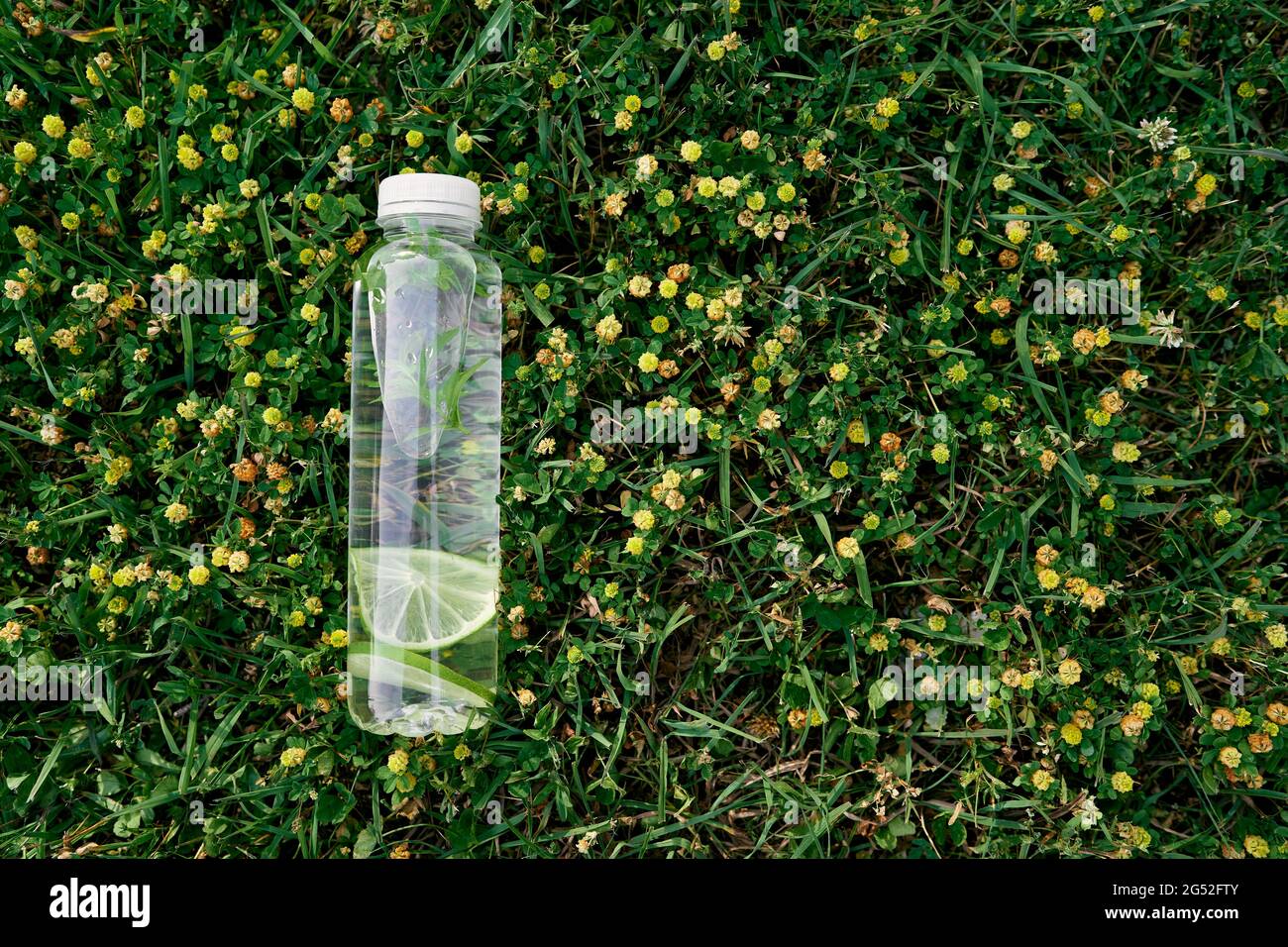 Bottle of water lies on the green grass among the wildflowers Stock ...