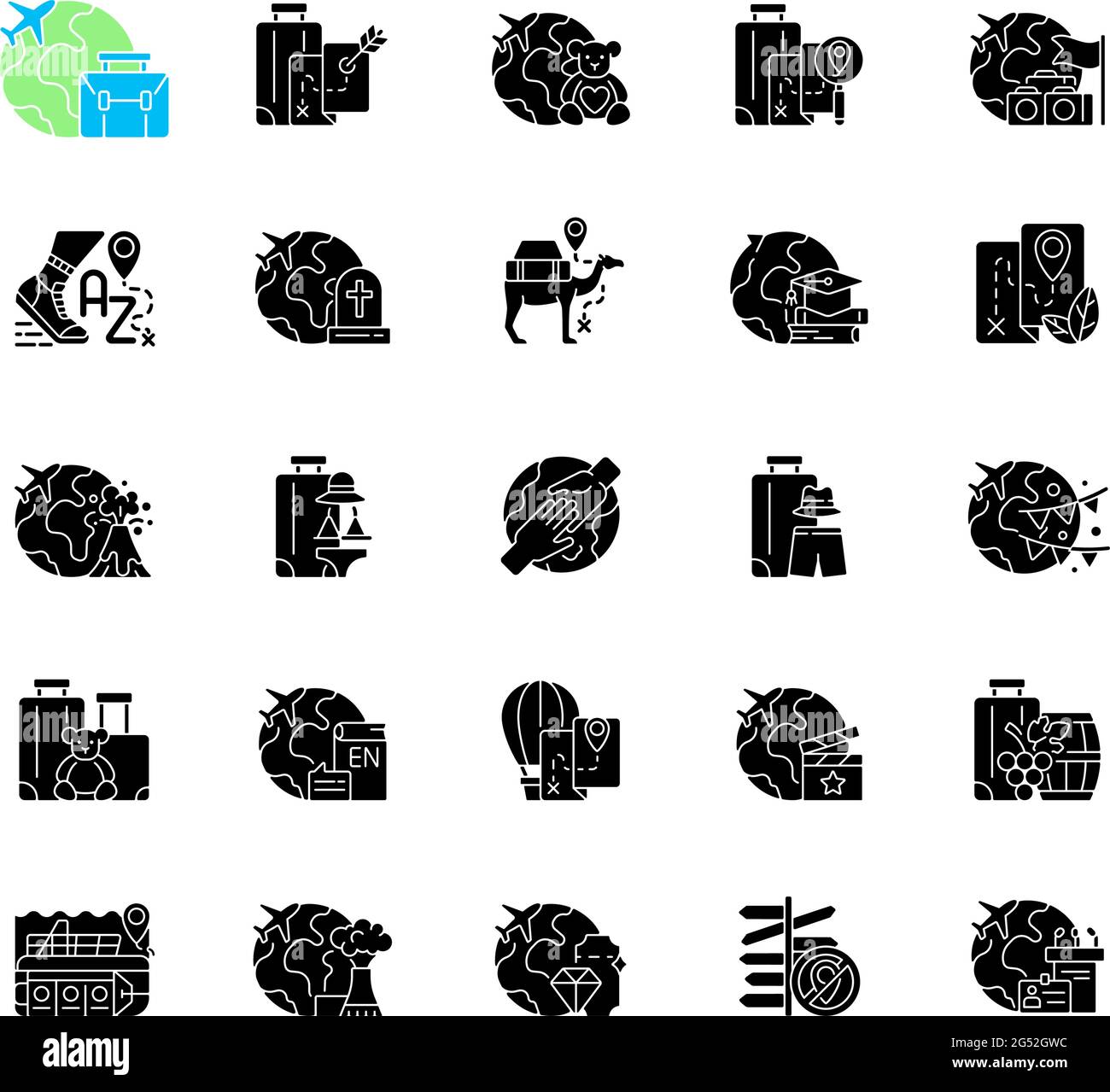 Types of travel black glyph icons set on white space Stock Vector Image ...