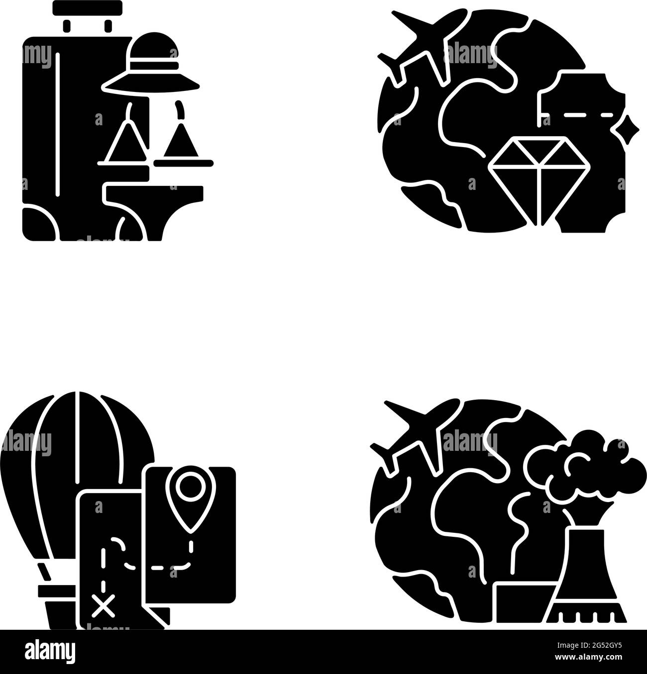 International travel black glyph icons set on white space Stock Vector