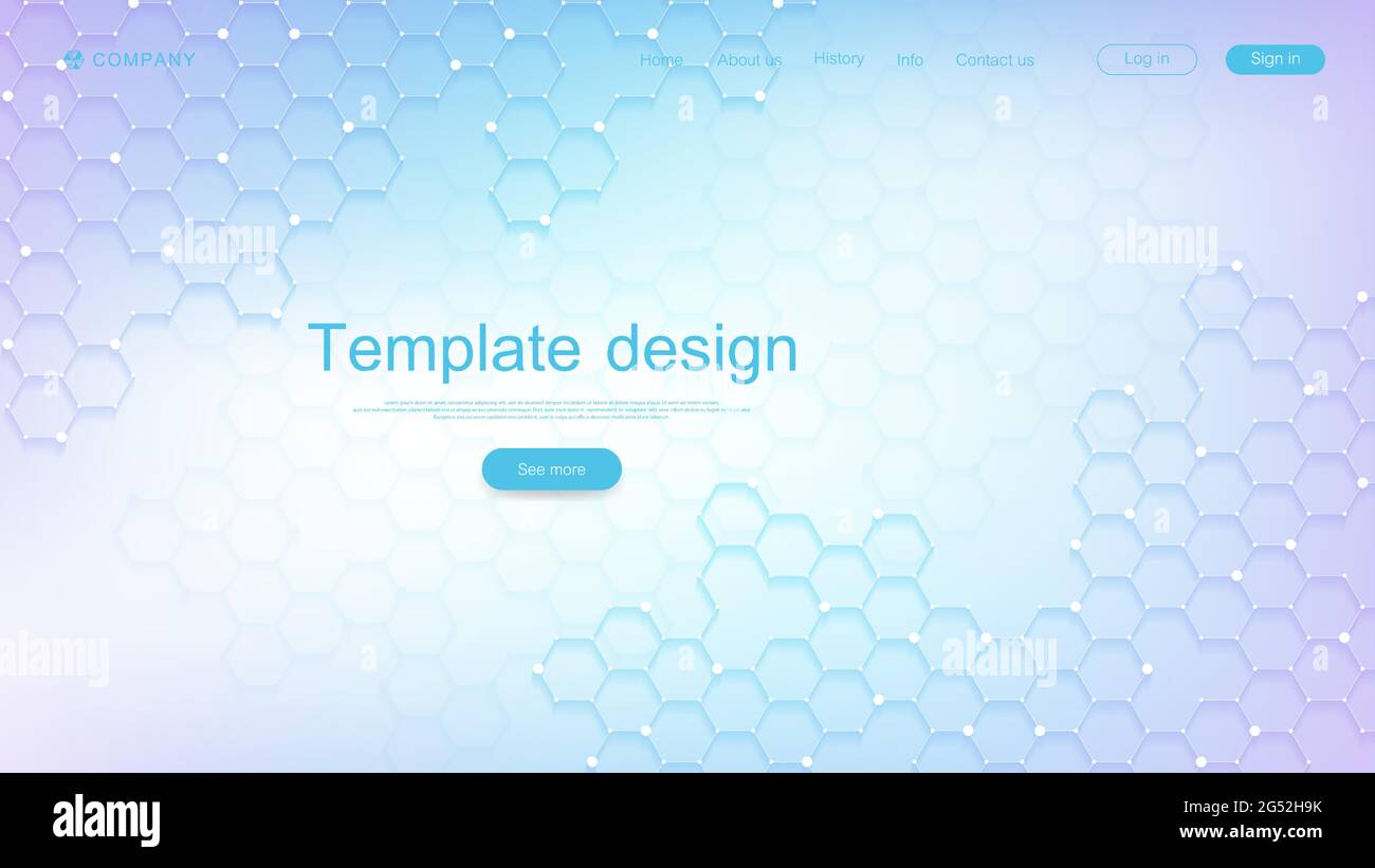 Landing page design template for science, medicine, technologies, business, education with hexagons and colorful dynamic waves. Modern landing page Stock Vector