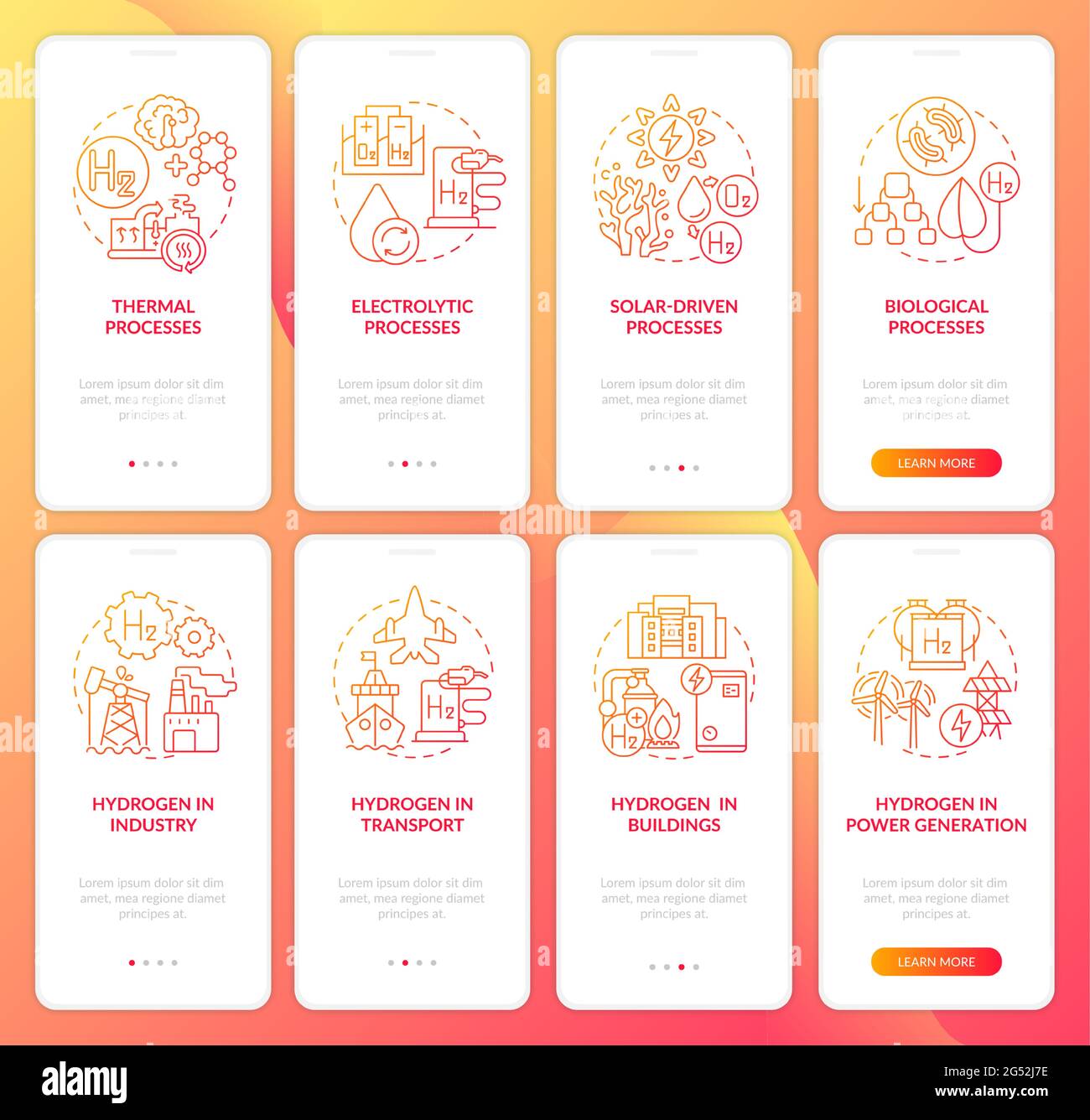 Hydrogen generation onboarding mobile app page screens set Stock Vector