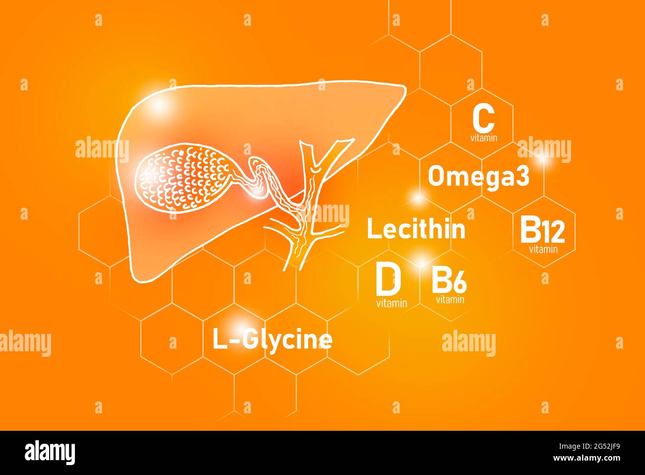 Essential nutrients for Gall Bladder health including Omega 3, L-Glycine, Omega3, Lecithin on positive orange background. Stock Photo