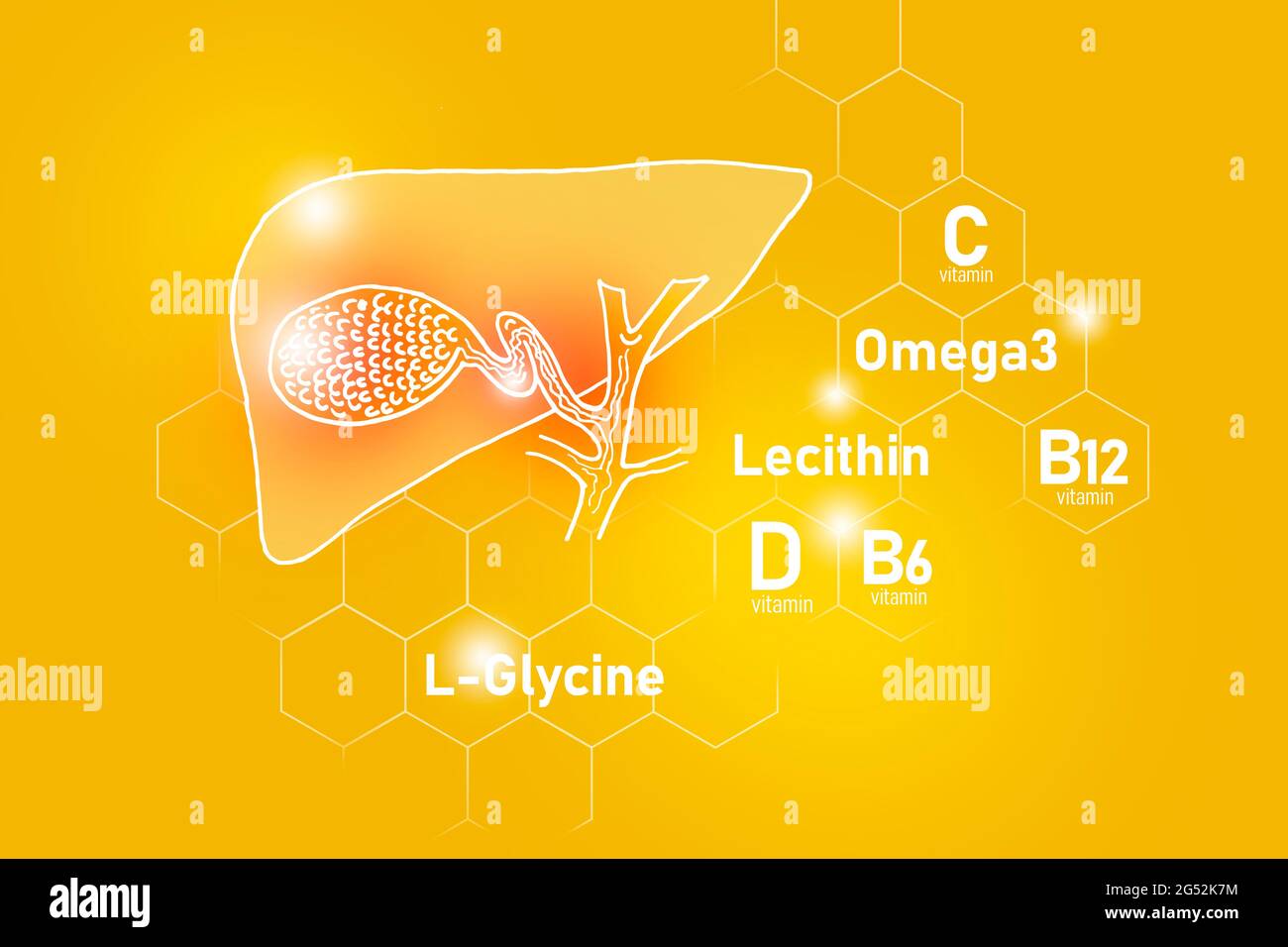 Essential nutrients for Gall Bladder health including Omega 3, L-Glycine, Omega3, Lecithin on yellow background. Stock Photo