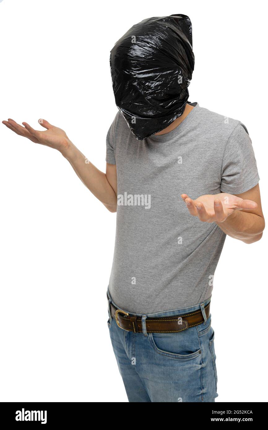 Young handsome tall slim white man with brown hair with black garbage bag over his head in gray shirt isolated on white background Stock Photo - Alamy Young handsome tall slim white man with brown hair with black garbage bag over his head in gray shirt isolated on white background Stock Photo - Alamy