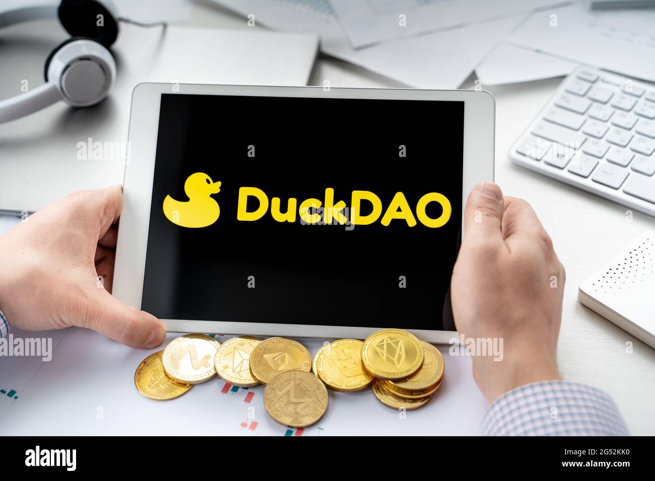 Russia Moscow 06.05.2021.Tablet with logo of Duckdao, platform with presale  of new crypto coins, tokens. Blockchain cryptocurrency startup companies  Stock Photo - Alamy