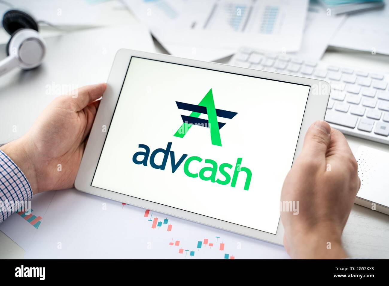 Russia Moscow 06.05.2021.Tablet with logo of Advcash,payment  service,system,platform for cryptocurrency.Wallet for using blockchain  platform to swap,b Stock Photo - Alamy