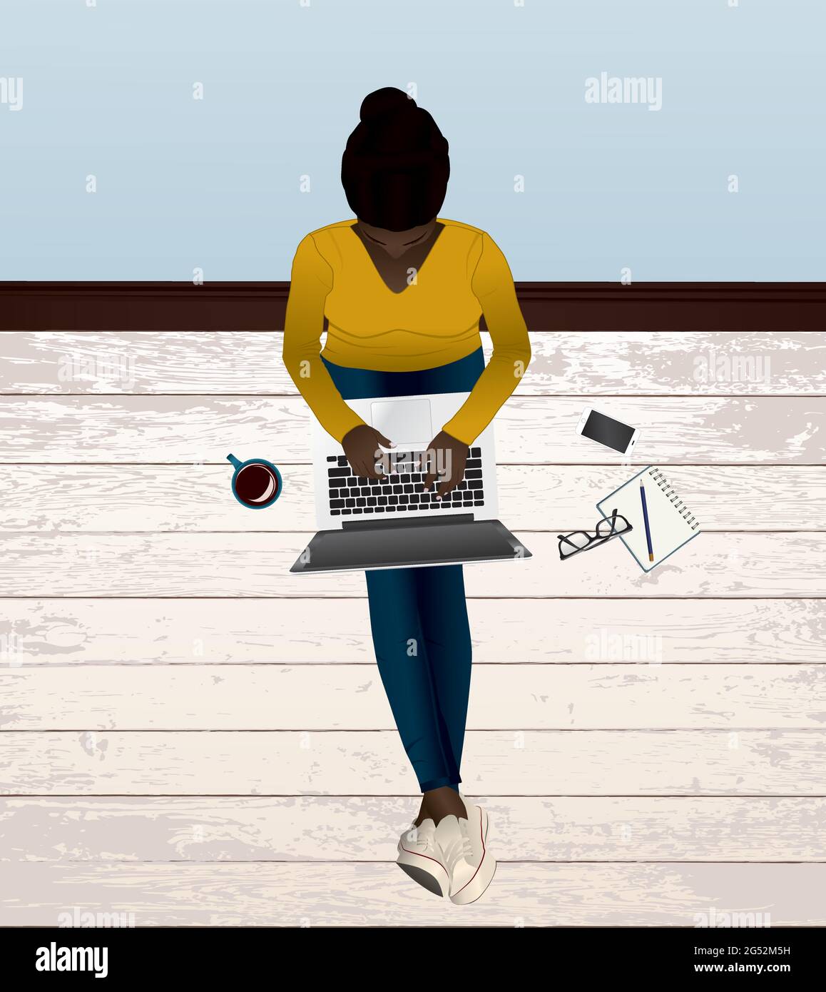 Vector illustration of girl sitting on floor with her laptop Stock ...